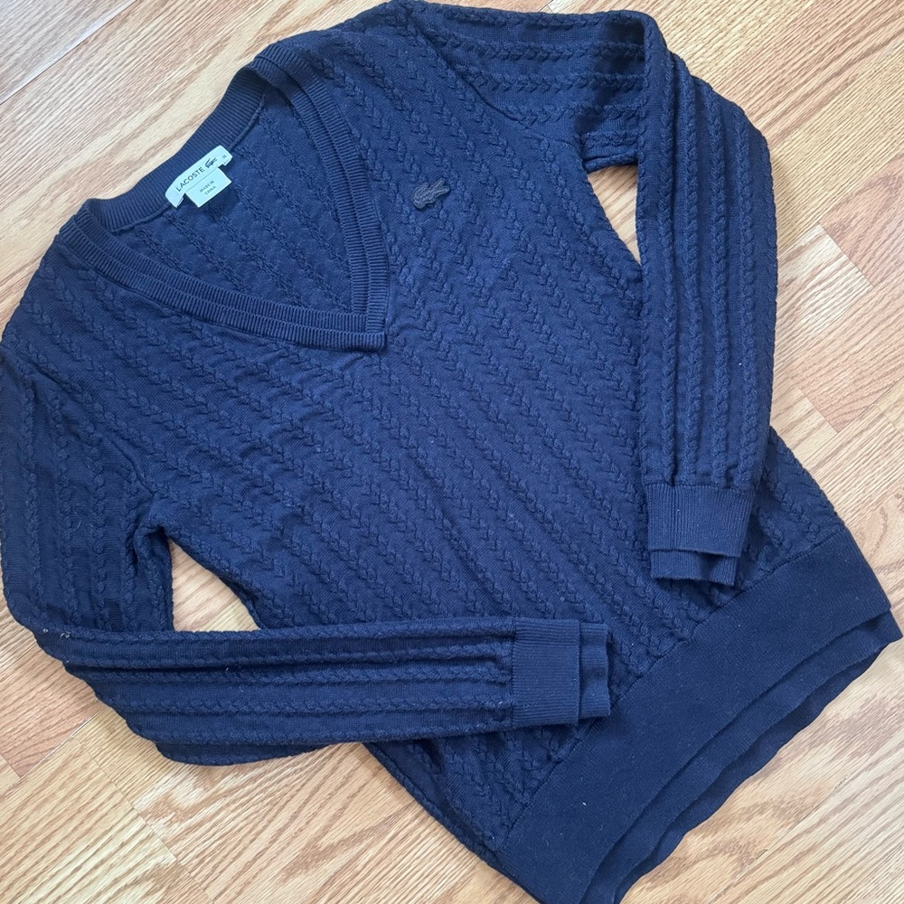Lacoste Men's Dark Navy Cable-Knit V-Neck Sweater